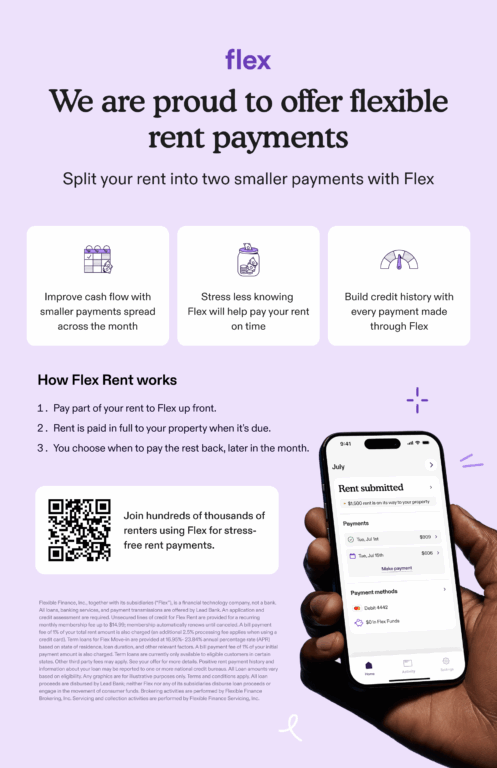 Get Flex purple flyer, a third-party that allows you to pay rent bi-monthly

